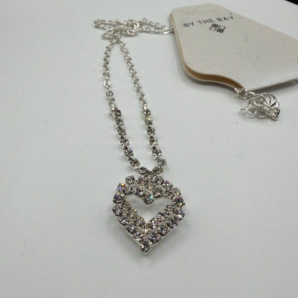 By The Bay Rhinestone Double Heart Pendant Necklace Silver Tone Crystal Tagged